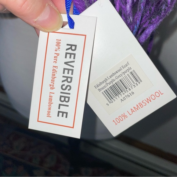 EDINBURGH Lambswool Scarf  Purple Gray Plaid Reversible Fringe NWT - Picture 5 of 8